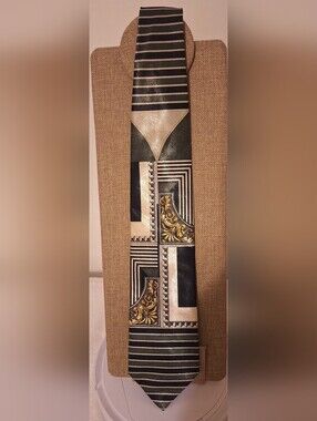 Vintage Gianno Necktie 90s Maximalist Baroque Scroll Geometric Striped Gold/Blac